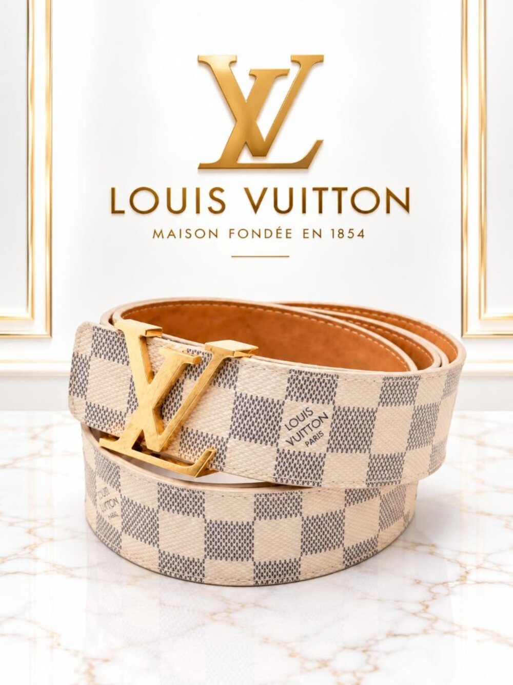 Louis Vuitton Damier Azur LV Initiales Belt Gold Buckle Luxury Designer Belt